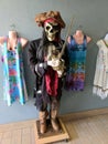 Pirate skeleton statue outside clothing shop