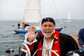 Pirate skipper at helm of boat