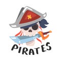 Pirate Skull in Corsair Hat Holding Saber with Mouth and Inscription Vector Illustration