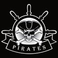 Pirate Skull With Eyepatch And Ship Helm Logo Black Background Vector Illustration
