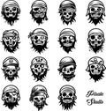 Pirate skull faces black and white vector illustration