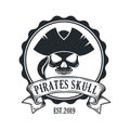 Pirate Skull And Ship Helm Logo Design Vector Illustration, emblem in monochrome vintage style isolated on white background