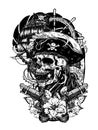Pirate skull with ship vector tattoo by hand drawing