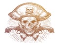 Pirate skull skeleton in pirates captain hat and crossed pistols muskets. Vector illustration in vintage style