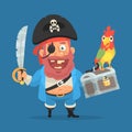 Pirate smiles holding parrot sword and suitcase with treasure. Funny character