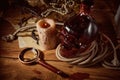 Pirate still life with candle, compass, dark rum in a skull bottle and old papers