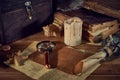 Pirate still life with a treasure chest on wooden table