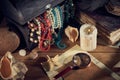 Pirate still life with a treasure chest on wooden table