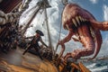 A pirate swinging across a deck as a kraken rises Royalty Free Stock Photo