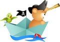 Pirate teddy bear on boat with bird Royalty Free Stock Photo