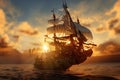 pirate galleon on the ocean at sunset