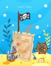 Pirate theme. Vector cartoon treasure pirate map of ocean, steering wheel, anchor at depths of sea, among the sand under water.