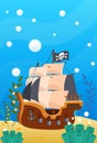 Pirate theme. Vector cartoon treasure pirate map of ocean, steering wheel, anchor at depths of sea, among the sand under water.
