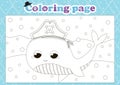 Pirate themed coloring page for kids with cute animal character whale Royalty Free Stock Photo