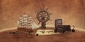 Pirate things concept on an old world map. Ship, map, compass, treasure chest, rudder, telescope Royalty Free Stock Photo