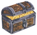 Pirate treasure chest with gold coins, hand drawn watercolor Royalty Free Stock Photo