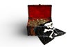 Pirate treasure chest with gold coins and pirate skull flag isolated on white background, front view, 3D render