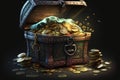 Pirate treasure chest with lots of gold coins and glowing lights. Generative AI.