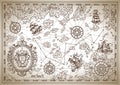 Pirate treasure map with compass, sailing vessels, treasure islands and decorative elements