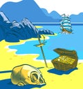 Pirate treasure on a tropical beach with skull, chest, sword and ship, vector illustration Royalty Free Stock Photo