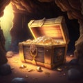 Pirate treasure in a wooden chest in a dark cave, cartoon style.