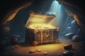 Pirate treasure in a wooden chest in a dark cave, cartoon style.