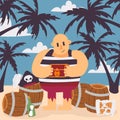 Pirate on tropical island, vector illustration. Funny cartoon character pirate captain holding treasure chest. Corsair