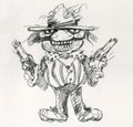 A pirate with two pistols in his hands. Funny cartoon character. The bandit smiles.