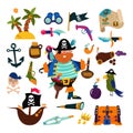 Pirate vector piratic character buccaneer man in pirating costume in hat with sword illustration set of piracy signs and Royalty Free Stock Photo