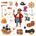 Pirate vector piratic character buccaneer man in pirating costume in hat with sword illustration set of piracy signs and