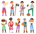 Pirate vector piratic character buccaneer man or woman in pirating costume in hat with sword illustration set of piracy