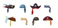 Pirate vintage hats set. Colorful headscarves and elaborate headwear with feathers symbols of corsair captain and sailor