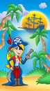 Pirate woman with parrot and boat