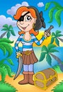 Pirate woman with pistol and treasure chest