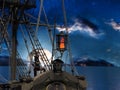 Pirate woman in sail ship at moonlight