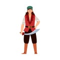 Pirate woman standing holding sword, cartoon vector illustration isolated. Royalty Free Stock Photo