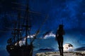 Pirate woman watching the pirate sail ship at moonlight