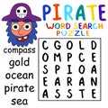 Pirate word search puzzle colorful activity page with five hidden words for kids stock vector illustration