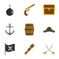 Pirates attributes icon set, flat style Royalty Free Stock Photo