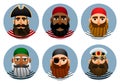 Pirates avatars collection. Set of portraits of sailors in a round shape.