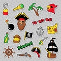 Pirates Badges, Patches and Stickers with Ship, Crossbones, Skeleton. Boys Birthday Party Decoration