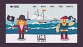 Pirates cartoon characters and sailing ship in the sea, vector illustration. Website design, landing page template Royalty Free Stock Photo