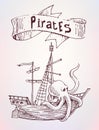 Pirates drawn ship with sign, sea advertising