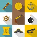 Pirates element icon set, flat style Royalty Free Stock Photo