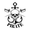 Pirates. Emblem template with swords and pirate skull. Design element for logo, label, emblem, sign.