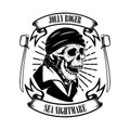 Pirates. Emblem template with swords and pirate skull. Design element for logo, label, emblem, sign.