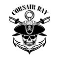 Pirates. Emblem template with swords and pirate skull. Design element for logo, label, sign.