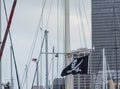 Pirates flag among masts Royalty Free Stock Photo