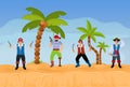 Pirates group in desert vector illustration. Funny happy people team in pirates costumes armed with knives and pistols.