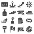 Pirates icons set sabre, hook,, old ship, spyglass, treasure chest, cannon, anchor, rudder, map, barrel, rum